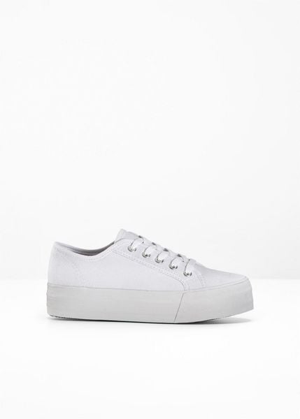 Sneakersy na platformie z bawełnianego płótna. Czarne buty sportowe lifestyle bonprix, bez wzorów, z bawełny, eleganckie, bez zapięcia. Za 112.99 zł.