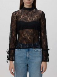 Koronkowa bluzka ze stójką - czarny. Czarne bluzki Reserved, l, bez wzorów, z dzianiny, bez kołnierzyka, bez ramiączek. Za 79.99 zł.