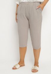 Ciemnobeżowe Spodnie z Gumką w Pasie 7/8 Tenimira. Brązowe jeansy Born2be, plus size, bez wzorów, z jeansu, eleganckie. Za 69.99 zł.