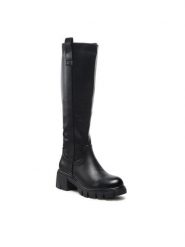 DeeZee Kozaki H1003-01 Czarny. Czarne kozaki DeeZee, bez wzorów, ze skóry, bez obcasa, na słupku, bez zapięcia. Za 109.99 zł.