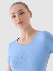 4F T-shirt slim z nadrukiem damski - niebieski XXL. Niebieskie t-shirty 4f, xs, bez wzorów, z bawełny, klasyczne, bez kołnierzyka, bez ramiączek. W wyprzedaży za 39.99 zł.