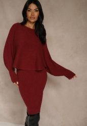 Bordowy Prążkowany Komplet z Dzianiny Sukienka Bodycon i Sweter Nietoperz Wediana. Czerwone swetry Renee, m, bez wzorów, z dzianiny, eleganckie, bez ramiączek. Za 139.99 zł.