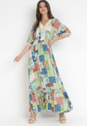 Zielona Rozkloszowana Sukienka Maxi w Patchworkowy Wzór Daliah. Zielone sukienki Born2be, l, z aplikacjami, bez kołnierzyka, bez ramiączek, maxi, rozkloszowane. Za 139.99 zł.