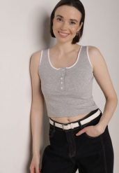 Szary Bawełniany Top w Prążki z Guzikami przy Dekolcie Bervise. Szare topy Born2be, m, bez wzorów, z bawełny, bez kołnierzyka, bez ramiączek. Za 39.99 zł.