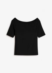 T-shirt z dekoltem carmen z mieszanki wiskozy. Czarne t-shirty bonprix, bez wzorów, z wiskozy, bez kołnierzyka, bez ramiączek. Za 52.99 zł.