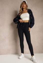 Granatowe Dopasowane Spodnie High Waist z Gumką i Wiązaniem w Talii Zelpia. Niebieskie jeansy Renee, l, bez wzorów, z jeansu, eleganckie, z podwyższonym stanem. Za 49.99 zł.