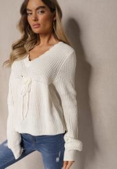Biały Sweter z Falbanką i Wiązaniem pod Biustem Tericca. Białe swetry Renee, l, bez wzorów, biznesowe, bez ramiączek. W wyprzedaży za 55.99 zł.