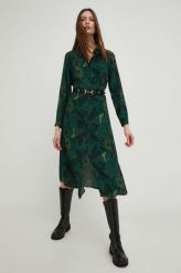 Answear Lab sukienka kolor zielony midi rozkloszowana. Zielone sukienki Answear Lab, s, bez wzorów, z tkaniny, bez kołnierzyka, bez ramiączek, midi, rozkloszowane. Za 289.99 zł.