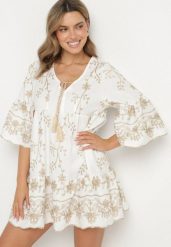 Biała Sukienka Boho z Bawełny i Wiskozy o Kroju Oversize z Haftem Felhira. Białe sukienki Born2be, na co dzień, bez wzorów, z bawełny, boho, bez kołnierzyka, bez ramiączek, mini, oversize. Za 129.99 zł.