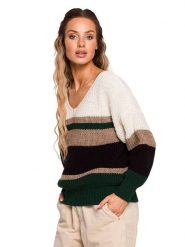 Made of emotion Sweter w kolorze beżowo-czarnym ze wzorem rozmiar: S/M. Brązowe swetry Made Of Emotion, m, bez wzorów, ze splotem, bez ramiączek. Za 141.19 zł.