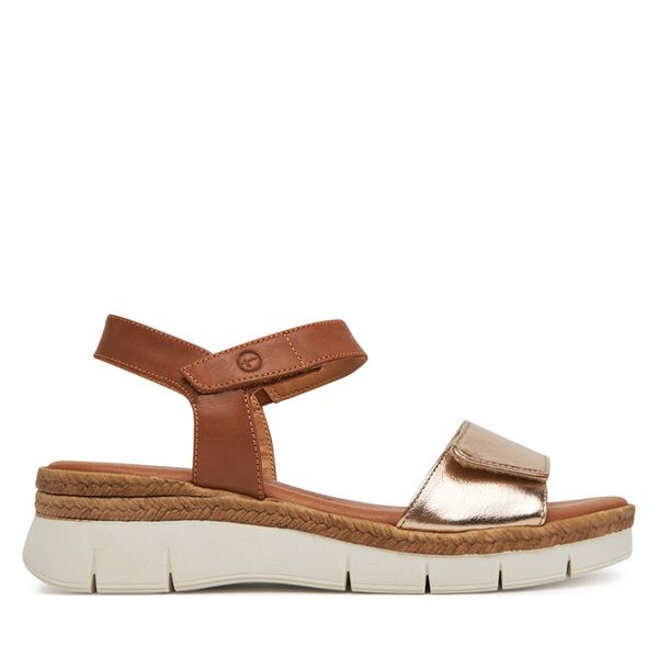 Sandały Tamaris. Brązowe sandały Tamaris, bez wzorów, bez obcasa, na koturnie, bez zapięcia. Za 260.99 zł.