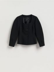 Taliowana marynarka - czarny. Czarne marynarki i żakiety Reserved, bez wzorów, z tkaniny, bez ramiączek. Za 259.99 zł.
