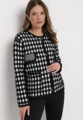 Czarno-Bialy Kardigan z Wiskozy w Pepitkę z Ozdobnymi Guzikami Lasietta. Czarne swetry Born2be, bez wzorów, z wiskozy, retro, bez ramiączek. W wyprzedaży za 84.99 zł.