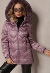Ciemnofioletowa Kurtka z Pikowaniem z Kapturem Ozdobionym Futerkiem Ariames. Fioletowe kurtki Renee, xs, bez wzorów, sportowe, z kapturem. Za 149.99 zł.