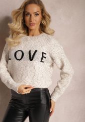 Jasnobeżowy Sweter z Ozdobnym Napisem Wykończony Ściągaczami Minisoji. Brązowe swetry Renee, l, bez wzorów, z elastanu, casualowe, bez ramiączek. W wyprzedaży za 87.99 zł.