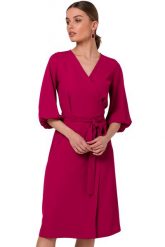 Sukienka elegancka kopertowa z bufiastymi rękawami śliwka. Sukienki Sukienki.shop, do pracy, l, bez wzorów, biznesowe, bez kołnierzyka, bez ramiączek, kopertowe. Za 349.00 zł.