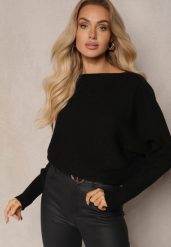 Czarny Sweter o Klasycznym Kroju i Dekoltem w Łódkę Valorvia. Czarne swetry Renee, m, bez wzorów, z jeansu, biznesowe, bez ramiączek. W wyprzedaży za 87.99 zł.