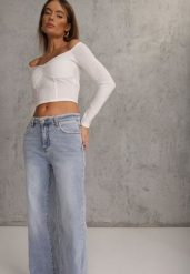 Niebieskie Szerokie Jeansy High Waist z Przeszyciami Tryphile. Niebieskie spodnie materiałowe Renee, bez wzorów, z jeansu, eleganckie, z podwyższonym stanem. Za 119.99 zł.