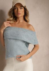 Niebieski Sweter Top z Hiszpańskim Wywijanym Dekoltem z Wełną Inarose. Niebieskie swetry Renee, m, bez wzorów, z wełny, casualowe, bez ramiączek. W wyprzedaży za 83.99 zł.