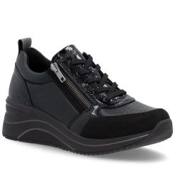 Półbuty damskie sneakersy na koturnie czarne Remonte Rieker D0T22-03. Czarne półbuty wsuwane Remonte, bez wzorów, ze skóry ekologicznej, bez obcasa, na koturnie. Za 429.00 zł.