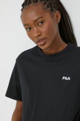 Fila t-shirt bawełniany kolor czarny. Czarne t-shirty Fila, bez wzorów, z bawełny, bez kołnierzyka, bez ramiączek. Za 119.99 zł.