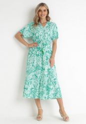 Miętowa Sukienka Gertisa. Zielone sukienki Born2be, na co dzień, l, bez wzorów, z wiskozy, eleganckie, bez kołnierzyka, bez ramiączek, midi, kopertowe. Za 109.99 zł.
