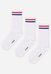 Białe 3-Pack Skarpety Wysokie z Bawełny w Prążki Zdobione Paskami Ansson. Białe skarpetki Born2be, z aplikacjami, z bawełny. Za 29.99 zł.