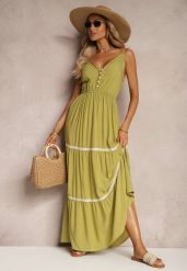 Jasnozielona Sukienka Zapinana na Guziki na Ramiączkach z Gumką w Talii i Falbanką Tiamalia. Zielone sukienki Renee, na imprezę, l, bez wzorów, eleganckie, bez kołnierzyka, bez ramiączek, maxi. W wyprzedaży za 39.99 zł.