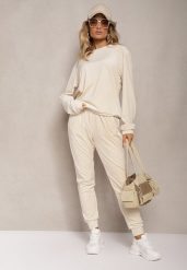 Jasnobeżowy Dresowy Welurowy Komplet z Dodatkiem Bawełny Bluzka i Spodnie Evisla. Brązowe t-shirty sportowe Renee, l, bez wzorów, z bawełny, bez ramiączek. W wyprzedaży za 63.99 zł.