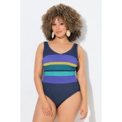 Damskie Strój kąpielowy paski bez miękkich miseczek okrągły dekolt. Niebieskie stroje jednoczęściowe Ulla Popken, bez wzorów, z bawełny, sportowe. Za 239.99 zł.