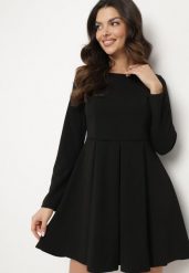 Czarna Elegancka Sukienka o Rozkloszowanym Kroju Temitonia. Czarne sukienki Born2be, m, bez wzorów, eleganckie, bez kołnierzyka, bez ramiączek, mini, rozkloszowane. W wyprzedaży za 110.49 zł.