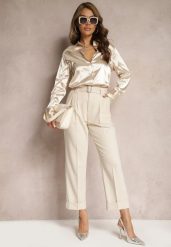 Beżowe Garniturowe Spodnie High Waist z Paskiem z Klamrą Ficuza. Brązowe jeansy Renee, l, bez wzorów, z jeansu, eleganckie, z podwyższonym stanem. W wyprzedaży za 111.99 zł.
