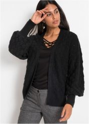 Sweter ażurowy bez zapięcia. Czarne swetry bonprix, w ażurowe wzory, bez ramiączek. Za 109.99 zł.