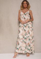 Beżowo-Zielona Rozkloszowana Sukienka na Ramiączkach z Wiskozą w Kwiatowy Wzór Jenariona. Zielone sukienki Renee, na co dzień, l, z aplikacjami, z wiskozy, eleganckie, bez kołnierzyka, bez ramiączek, maxi, rozkloszowane. W wyprzedaży za 91.99 zł.