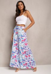 Jasnoniebieskie Długie Spodnie w Kwiatowy Print z Gumką w Pasie i Kieszeniami Kaydan. Niebieskie jeansy Renee, m, bez wzorów, z jeansu, długie. W wyprzedaży za 71.99 zł.