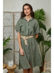 Lin Passion Lniana sukienka w kolorze khaki rozmiar: 38/40. Brązowe sukienki Lin Passion, bez wzorów, ze lnu, klasyczne, bez kołnierzyka, bez ramiączek, midi. Za 160.96 zł.