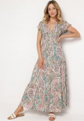 Zielona Sukienka Maxi z Gumką Pod Biustem i Orientalnym Wzorem Uniwia. Zielone sukienki Born2be, l, bez wzorów, bez kołnierzyka, bez ramiączek, maxi. Za 109.99 zł.
