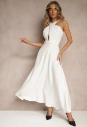 Biała Koktajlowa Sukienka z Wiskozą i Dekoltem Halter Dolmanna. Białe sukienki Renee, l, bez wzorów, z wiskozy, eleganckie, bez kołnierzyka, bez ramiączek, maxi. Za 89.99 zł.
