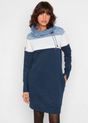 Sukienka dresowa z dużym kołnierzem. Niebieskie sukienki bonprix, bez wzorów, z dresówki, bez kołnierzyka, bez ramiączek. Za 137.99 zł.