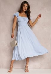 Niebieska Sukienka o Rozkloszowanym Kroju z Wiązaniem Perolis. Niebieskie sukienki Renee, l, bez wzorów, eleganckie, bez kołnierzyka, bez ramiączek, midi, rozkloszowane. W wyprzedaży za 111.99 zł.