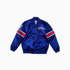 Gruba satynowa kurtka Philadelphia 76ers. Niebieskie kurtki Mitchell & Ness, l, bez wzorów, z satyny, retro, bez kaptura. Za 489.50 zł.