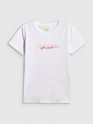 4F T-shirt slim z nadrukiem damski - biały L. Białe t-shirty 4f, l, bez wzorów, z bawełny, bez kołnierzyka, bez ramiączek. Za 59.99 zł.