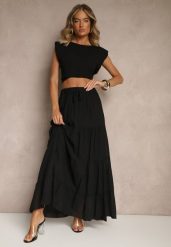 Czarna Rozkloszowana Spódnica z Bawełny z Wiązaniem i Gumką w Talii Miloreina. Czarne spódnice Renee, na spotkanie biznesowe, bez wzorów, z bawełny, eleganckie, maxi, koszulowe. W wyprzedaży za 83.99 zł.