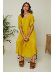 Fleur de Lin Lniana sukienka "Lantana" w kolorze żółtym rozmiar: L. Żółte sukienki Fleur de Lin, l, bez wzorów, ze lnu, bez kołnierzyka, bez ramiączek, maxi, rozkloszowane. Za 166.88 zł.