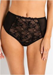 Stringi z wysoką talią. Czarne stringi bonprix, z aplikacjami, z koronki. Za 39.99 zł.
