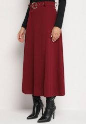 Bordowa Rozkloszowana Spódnica z Wysokim Stanem Ozdobiona Paskiem z Klamrą Lobir. Czerwone spódnice Born2be, na co dzień, uniwersalny, bez wzorów, eleganckie, maxi, koszulowe. Za 44.99 zł.