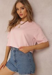 Jasnoróżowy T-shirt Phelista. Czerwone t-shirty Renee, l, bez wzorów, z jeansu, klasyczne, bez kołnierzyka, bez ramiączek. W wyprzedaży za 27.99 zł.