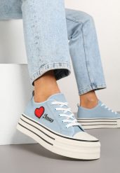 Niebieskie Trampki na Grubej Podeszwie z Aplikacją i Napisem Eheria. Niebieskie trampki Renee, z aplikacjami, z jeansu, klasyczne, bez zapięcia. W wyprzedaży za 67.99 zł.