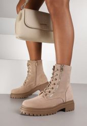 Ciemnobeżowe Botki Typu Workery z Metalicznym Suwakiem Clatina. Brązowe botki Born2be, bez wzorów, bez obcasa, na płaskiej podeszwie, bez zapięcia. Za 149.99 zł.