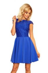 Sukienka Elegancka Rozkloszowana z Koronką - Chabrowa. Niebieskie sukienki NUMOCO, l, bez wzorów, z koronki, eleganckie, bez kołnierzyka, bez ramiączek, rozkloszowane. Za 260.90 zł.